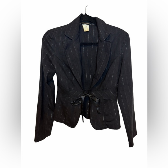 Guess Jackets & Blazers - ✨ Y2K Guess Jeans Black Pinstripe Cropped Blazer – Satin Tie Front (S)